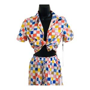 Colorful checkerboard rainbow printed button down shirt & shorts 2pc set size XS